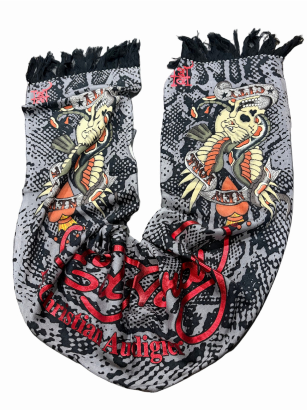 Ed Hardy Y2K Knit Scarf New York City Skull Eagle Snakeskin Fringe NWT Acrylic